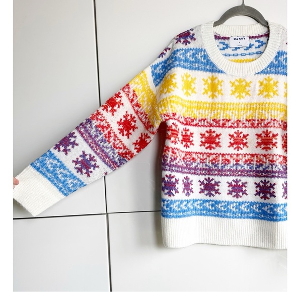 Old Navy Rainbow Fair Aisle Sweater Snowflake Size Small Blue Red Purple Yellow - Picture 2 of 5